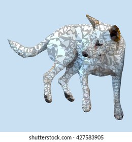 The decorative stray dog lies and looks sadly, executed on a blue square background.