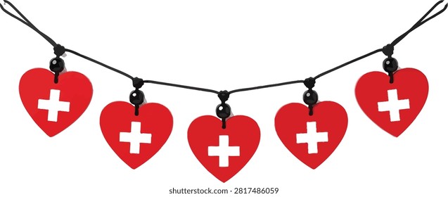 Decorative string of five red hearts featuring Swiss cross cutouts connected by black string and beads perfect for festive decorations and celebrations during Swiss National Day events.