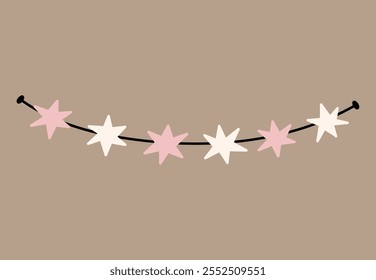 Decorative string of lights arranged in a playful, looping pattern on a plain beige background. Perfect for holiday or celebratory decor. Vector hand-drawn illustration in flat style.
