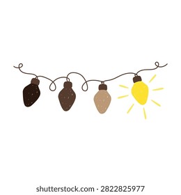 Decorative string of lights featuring a bright shining yellow bulb and unlit brown bulbs on a white background. Perfect for holiday season designs.