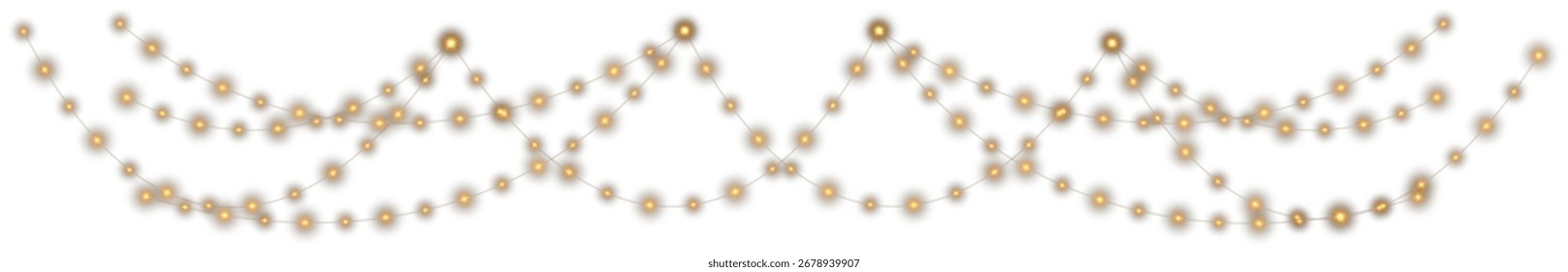 Decorative string lights PNG. Glowing Christmas fairy garland with warm yellow lamps on transparent background. Festive holiday lights for party, wedding, New Year, night event decoration design.