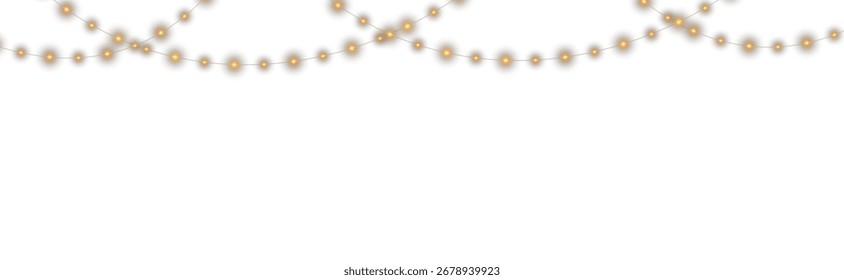 Decorative string lights PNG. Glowing Christmas fairy garland with warm yellow lamps on transparent background. Festive holiday lights for party, wedding, New Year, night event decoration design.