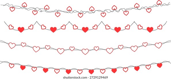 Decorative string of red heart shapes creating a continuous Valentine frame and festive border perfect for romantic greeting cards, anniversary invitations, holiday banners and transparent vector illustrations
