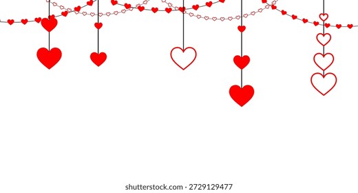 Dekorative Kette von roten Herzformen, die einen kontinuierlichen Valentinstag Rahmen und festliche Grenze perfekt für romantische Grußkarten, Jubiläumseinladungen, Feiertagsbanner und transparente Vektorgrafiken
