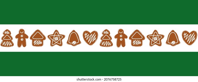 Decorative strip of Christmas gingerbread. Beautiful stylized new year border. Gingerbread Christmas cookies decorated icing. Isolated on a background. Cute hand drawn vector illustration.