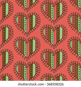 Decorative stripe heart seamless pattern on a pink background for Happy Valentine's Day. Vector illustration