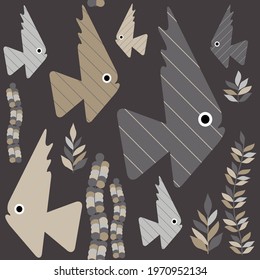 Decorative striped fish with a floral pattern swim in the sea. Seaweed. Seamless background. Cute cartoons. Vector illustration for web design or print.