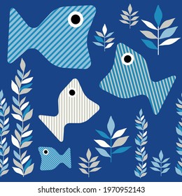 Decorative striped fish with a floral pattern swim in the sea. Seaweed. Seamless background. Cute cartoons. Vector illustration for web design or print.