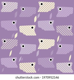 Decorative striped fish with a floral pattern swim in the sea. Seaweed. Seamless background. Cute cartoons. Vector illustration for web design or print.