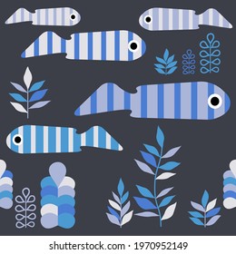 Decorative striped fish with a floral pattern swim in the sea. Seaweed. Seamless background. Cute cartoons. Vector illustration for web design or print.