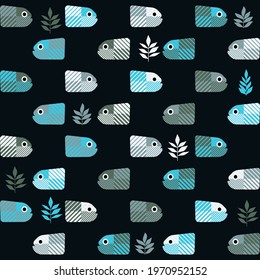 Decorative striped fish with a floral pattern swim in the sea. Seaweed. Seamless background. Cute cartoons. Vector illustration for web design or print.