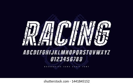 Decorative Striped Italic Sans Serif Font. Letters And Numbers With Rust Texture For Logo And Emblem Design. White Print On Black Background