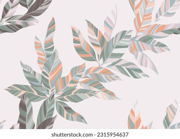 Prospecto de hoja a rayas decorativo vectores interminables de papel pintado. Mínima impresión botánica de tela de bandana de verano. La rama del arbusto paraíso deja un patrón de repetición. Elementos de plantas tropicales.