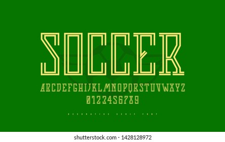 Decorative striped narrow slab serif font. Letters and numbers for sport logo design. Color print on green background