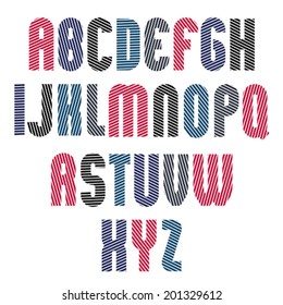Decorative striped retro font, geometric bright typeface with parallel diagonal  lines.