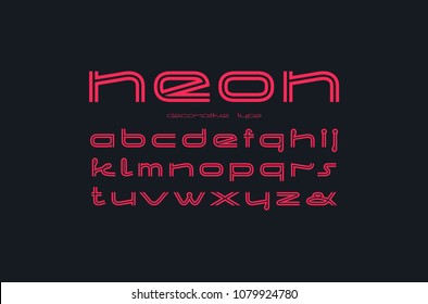 Decorative striped sans serif font. Lowercase letters for logo and signboard design. Pink print on black background