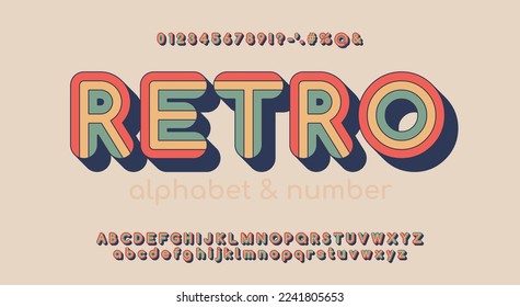 Alfabeto retro vintage a rayas decorativo al estilo de los años 70. Tipografía с alfabeto vectorial colorido y fuente con bordes redondeados. Ilustración del vector