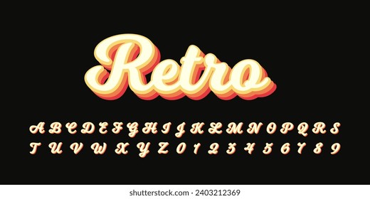 Decorative striped vintage retro italic alphabet in 70s style. Retro font and alphabet in retro 90s, 80s style. Vector alphabet abc. Signs, numbers and symbols. Vector illustration