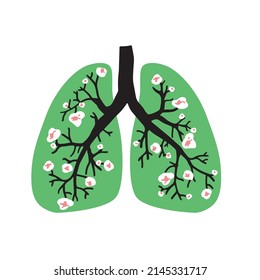 Decorative styling of the lungs. Healthy lungs in the form of a flowering tree. Branching of the bronchi. Illustration in cartoon style flat graphic