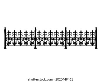 Decorative, stylish metal old, retro style fence, railing, vector, illustration, in black and white color, isolated on white background 