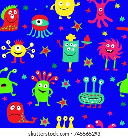 Decorative stylish seamless pattern with a aliens and stars