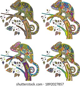 Decorative stylization of a chameleon lizard of different colors sitting on a branch with leaves. Vector illustration.