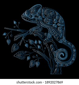 Decorative stylization of a chameleon lizard sitting on a branch with leaves. Blue (neon) on a black (dark) background. Vector illustration.