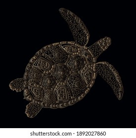 Decorative stylization of a sea turtle. Gold on a black background. Vector illustration.