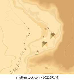 Decorative stylized abstract desert relief map. Vector illustration with a relief terrain, sands, pyramids, caravan with camels and smooth curvilinear forms.