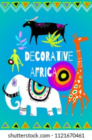 Decorative stylized african animals. Vector illustration great for print, poster, textile and party design in childish style. Decorative Africa. Ethnic set. All elements easy editable and isolated.