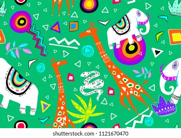 Decorative stylized african seamless pattern. Vector illustration great for print on textile, packing, wallpaper. Childish design. Decorative Africa. Ethnic set. All elements easy editable.