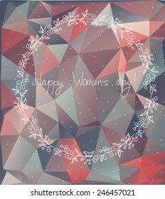 decorative stylized background wreath of flowers and inscribed with women's day on geometric background