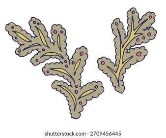 Decorative stylized botanical branch in hand drawn style, isolated on white background, vector illustration suitable for prints and creative design projects.