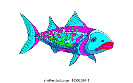 Decorative stylized bright fish in turquoise, blue, pink, green colors with fins, scales, red lips. Vector.