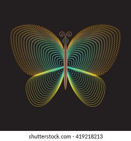 Decorative stylized butterfly on black background for your design. Beautiful soft colorful butterfly of fine lines, blends