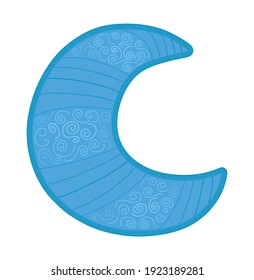 Decorative, stylized crescent moon of blue color with an ornament. Good night and sweet dreams vector design element. For card, sticker, poster, print, pajamas, decor of sleeping room and furniture