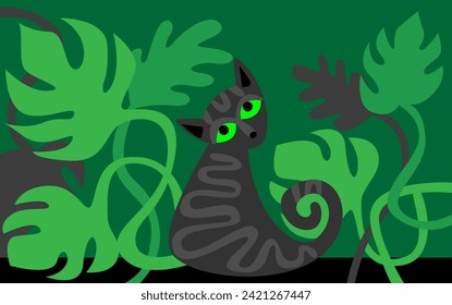 gato oscuro decorativo y estilizado con ojos verdes sobre el fondo de una composición vegetal de hojas