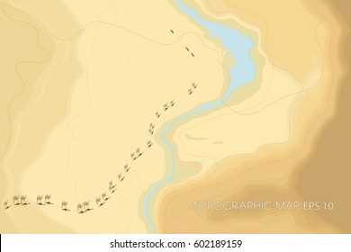Decorative stylized desert relief map. Vector illustration. Natural topographic terrain with river, sands, caravan with camels, and smooth curvilinear forms.