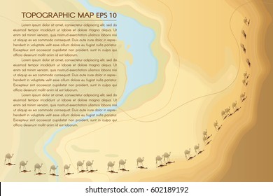 Decorative stylized desert relief map. Vector illustration. Natural topographic terrain with river, sands, caravan with camels, and smooth curvilinear forms.