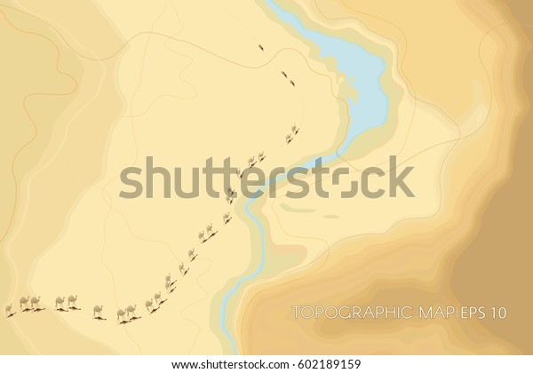Decorative stylized desert\
relief map. Vector illustration. Natural topographic terrain with\
river, sands, caravan with camels, and smooth curvilinear\
forms.