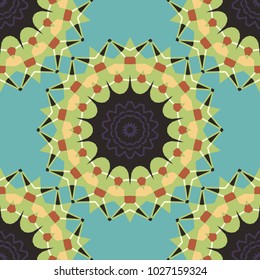Decorative stylized elements. Mandalas ornament in blue, gray and green colors. Vector design for fabrics, cards, web, decoupage. Ethnic style. Colorful mandala seamless pattern.