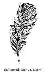 Decorative stylized feather isolated on white background. Highly detailed ornate vector illustration, doodling and zentangle style, tattoo design