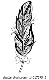 Decorative stylized feather isolated on white background. Highly detailed ornate vector illustration, doodling and zentangle style, tattoo design