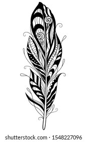 Decorative stylized feather isolated on white background. Vector illustration, doodling and zentangle style, tattoo design