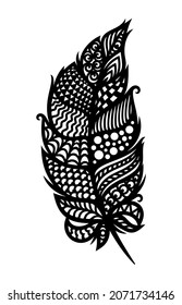 Decorative stylized feather, leaf, quill. Openwork ornament of curls, beautiful folk motives, ethnic patterns. Black isolated object on a white background. Laser cutting template, cnc. Vector image.