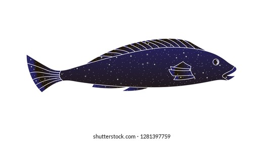 Decorative stylized fish. Vector outline illustration, night sky color silhouette isolated on white background.