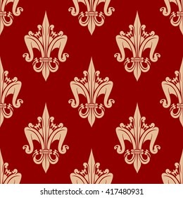 Decorative stylized fleur-de-lis pattern with delicate beige seamless ornament of french royal heraldic lilies over bright red background. May be use as vintage interior or wallpaper design