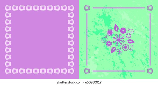 Decorative stylized flower frame and floral composition on shabby background. Harmonious combination of purple and green color. Greeting card.