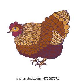 Decorative stylized hand-drawn hen isolated on white background. Vector illustration.