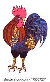 Decorative stylized hand-drawn rooster isolated on white background. Symbol of Chinese New Year 2017. Vector illustration.